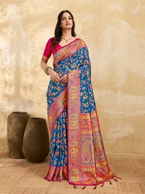 Blue Jacquard Silk blend Rich Woven Zari Border With Traditional Paisley Design Saree For Women 1