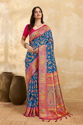 Blue Jacquard Silk blend Rich Woven Zari Border With Traditional Paisley Design Saree For Women