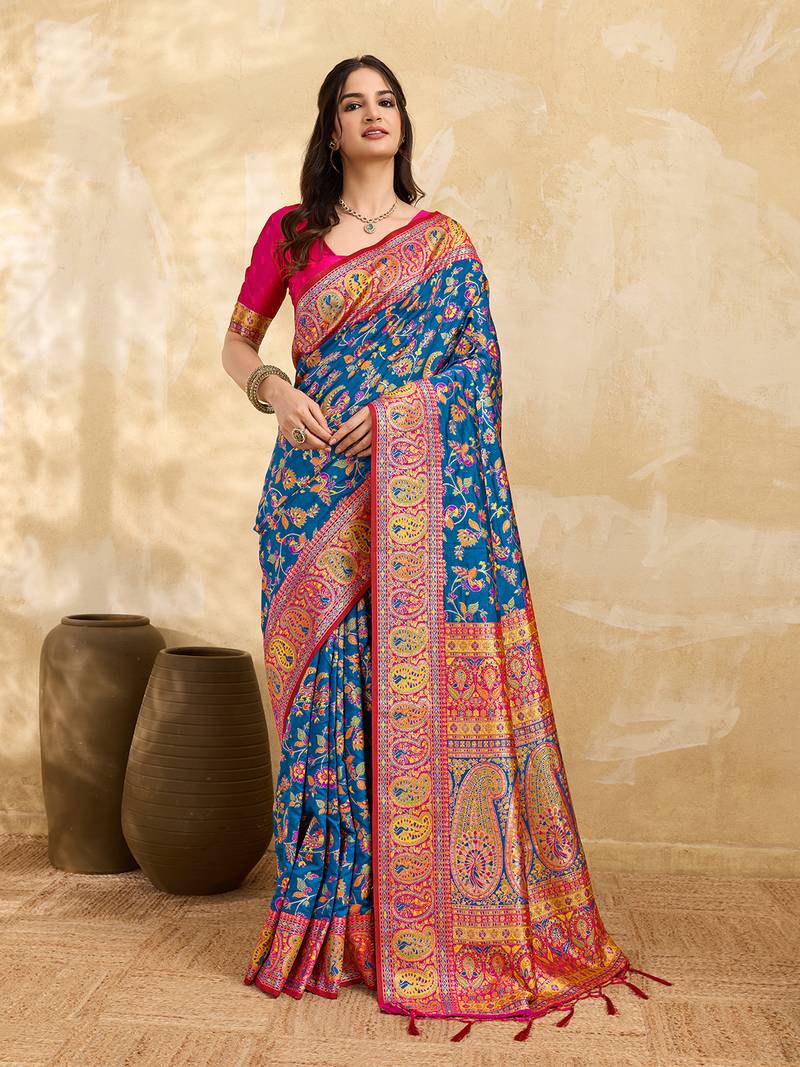 Blue Jacquard Silk blend Rich Woven Zari Border With Traditional Paisley Design Saree For Women