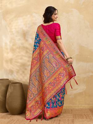 Blue Jacquard Silk blend Rich Woven Zari Border With Traditional Paisley Design Saree For Women 2