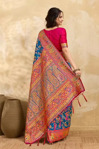Blue Jacquard Silk blend Rich Woven Zari Border With Traditional Paisley Design Saree For Women