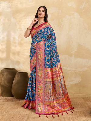 Blue Jacquard Silk blend Rich Woven Zari Border With Traditional Paisley Design Saree For Women 3
