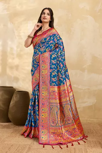 Blue Jacquard Silk blend Rich Woven Zari Border With Traditional Paisley Design Saree For Women