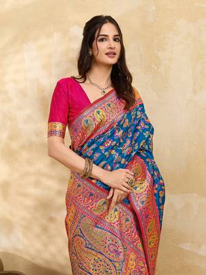 Blue Jacquard Silk blend Rich Woven Zari Border With Traditional Paisley Design Saree For Women 4
