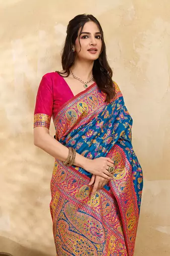 Blue Jacquard Silk blend Rich Woven Zari Border With Traditional Paisley Design Saree For Women