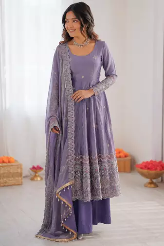 Lavender fendy silk thread with sequence anarkali suit