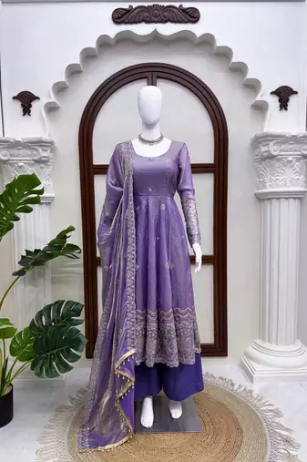Lavender fendy silk thread with sequence anarkali suit