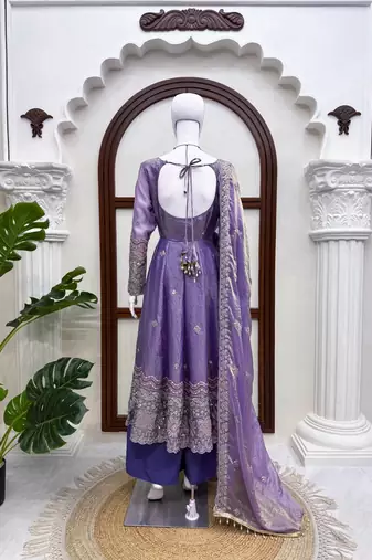 Lavender fendy silk thread with sequence anarkali suit