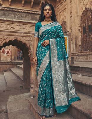 Aqua blue art silk saree with blouse piece 1