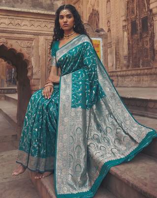 Aqua blue art silk saree with blouse piece 2