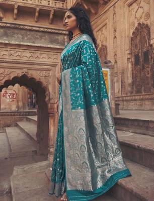 Aqua blue art silk saree with blouse piece 3