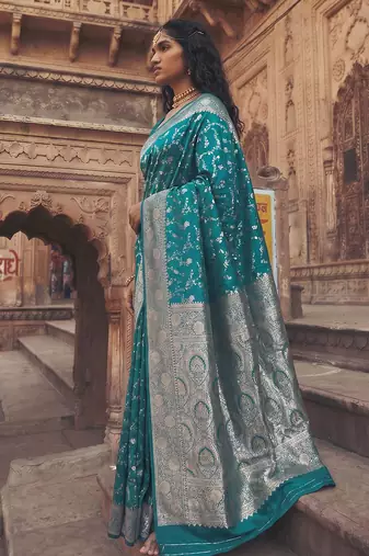 Aqua blue art silk saree with blouse piece