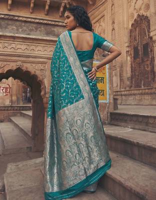Aqua blue art silk saree with blouse piece 4