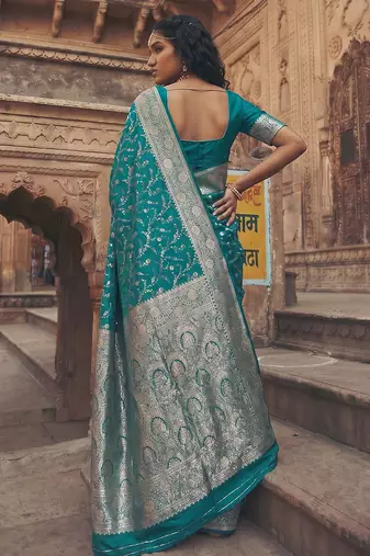 Aqua blue art silk saree with blouse piece