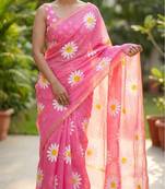 Pink linen gold piping digital print saree with blouse piece