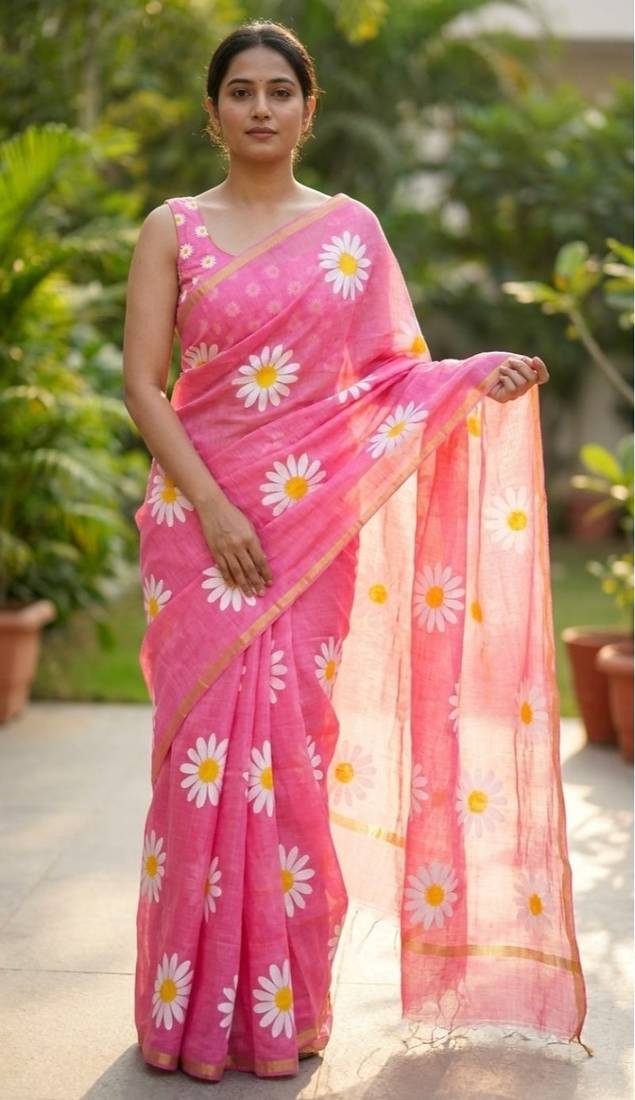 Pink linen gold piping digital print saree with blouse piece