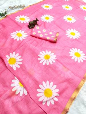 Pink linen gold piping digital print saree with blouse piece 2