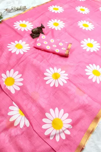Pink linen gold piping digital print saree with blouse piece