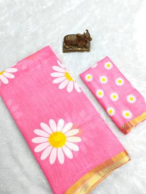 Pink linen gold piping digital print saree with blouse piece 3