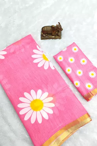 Pink linen gold piping digital print saree with blouse piece