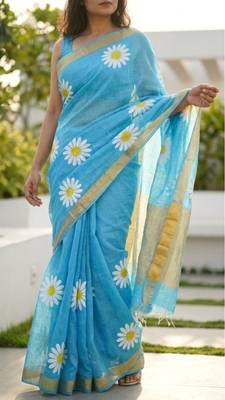 Sky blue linen gold piping digital print saree with blouse piece 1