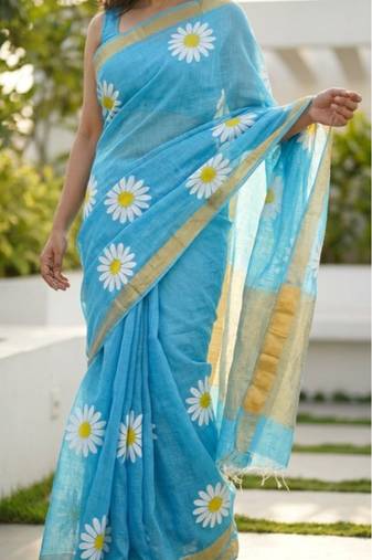 Sky blue linen gold piping digital print saree with blouse piece