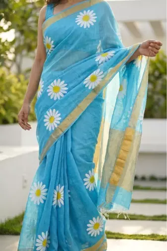 Sky blue linen gold piping digital print saree with blouse piece