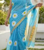 Sky blue linen gold piping digital print saree with blouse piece