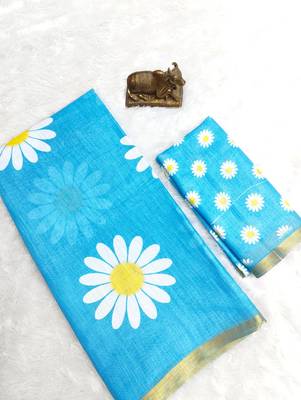 Sky blue linen gold piping digital print saree with blouse piece 2