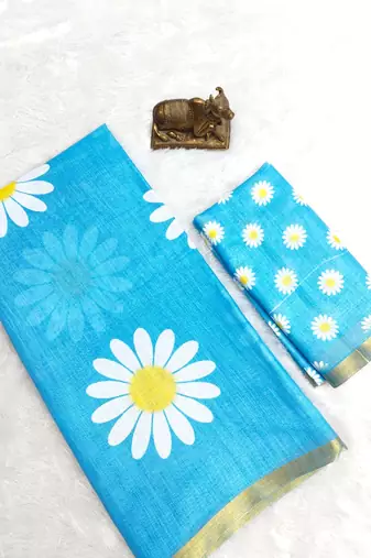 Sky blue linen gold piping digital print saree with blouse piece