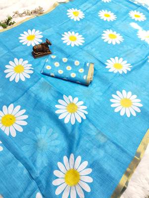 Sky blue linen gold piping digital print saree with blouse piece 3