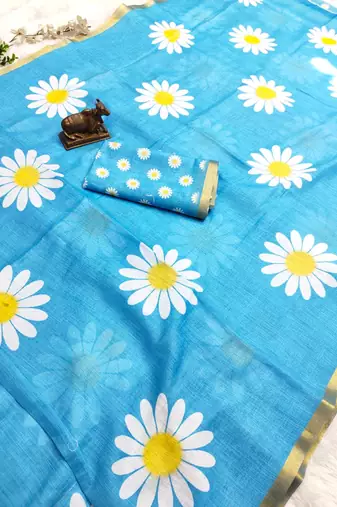 Sky blue linen gold piping digital print saree with blouse piece