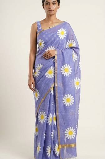 Blue linen gold piping digital print saree with blouse piece