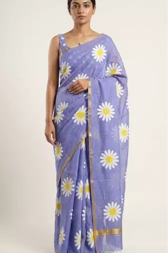 Blue linen gold piping digital print saree with blouse piece