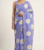 Blue linen gold piping digital print saree with blouse piece