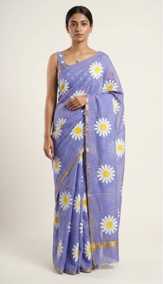 Blue linen gold piping digital print saree with blouse piece