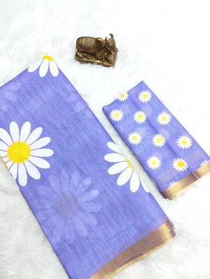 Blue linen gold piping digital print saree with blouse piece 2
