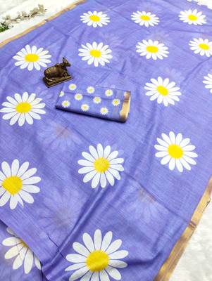 Blue linen gold piping digital print saree with blouse piece 3