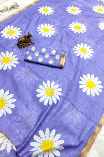 Blue linen gold piping digital print saree with blouse piece