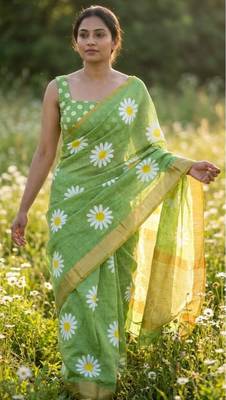 Green linen gold piping digital print saree with blouse piece 1