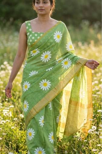 Green linen gold piping digital print saree with blouse piece