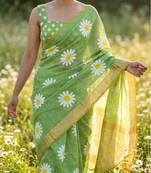 Green linen gold piping digital print saree with blouse piece