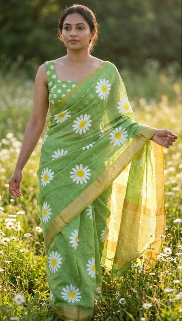 Green linen gold piping digital print saree with blouse piece