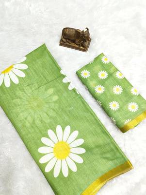 Green linen gold piping digital print saree with blouse piece 2
