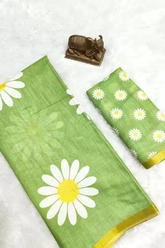 Green linen gold piping digital print saree with blouse piece