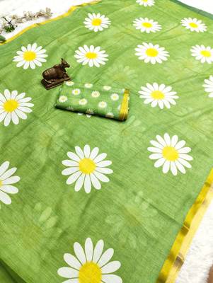 Green linen gold piping digital print saree with blouse piece 3