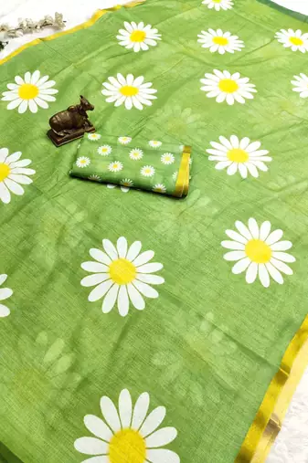 Green linen gold piping digital print saree with blouse piece