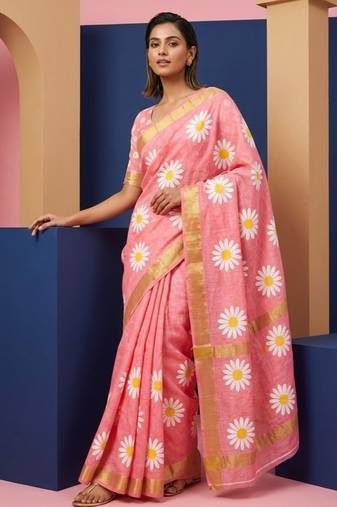 Pink linen gold piping digital print saree with blouse piece