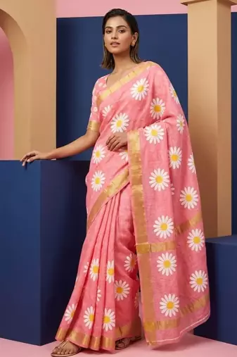 Pink linen gold piping digital print saree with blouse piece