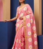 Pink linen gold piping digital print saree with blouse piece